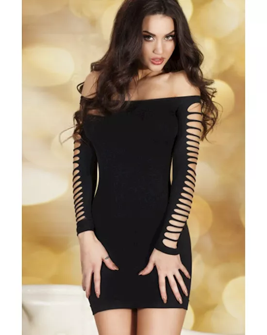 elegant off-shoulder ripped black chemise dress