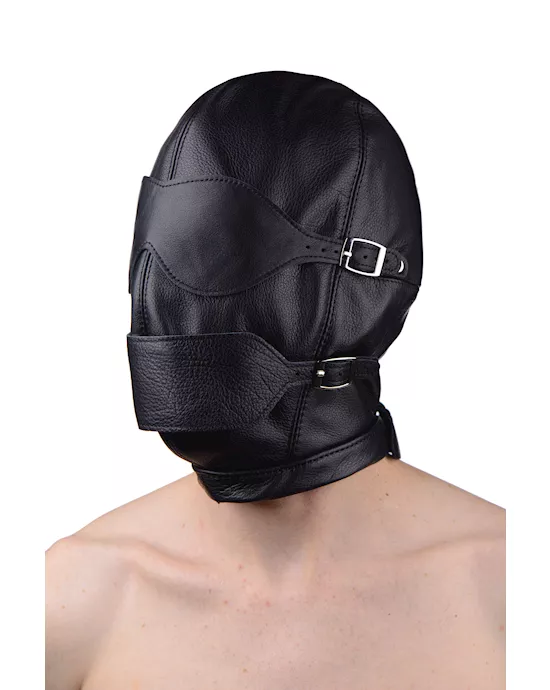 Premium Leather Hood with Blindfold and Breathable Ball Gag