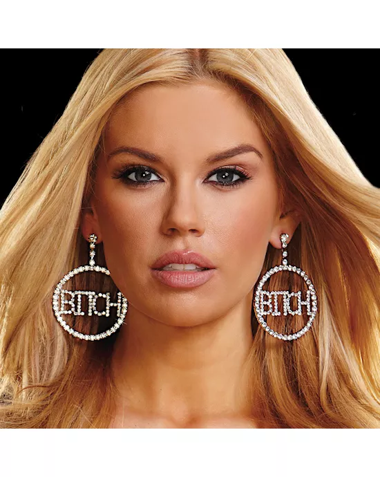 Bitch Rhinestone Doorknocker Earrings 2