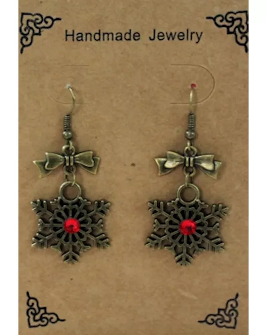 Red Rhinestone Accent Snowflake Earrings