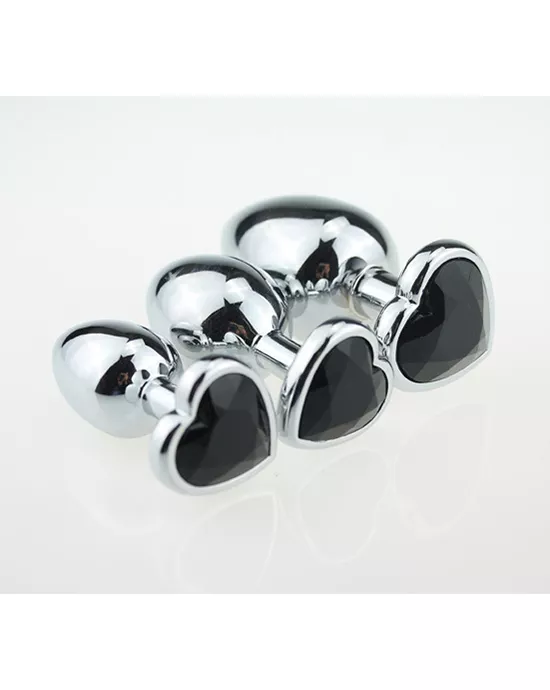 Chrome Butt Plug with Black Heart Shaped Jem