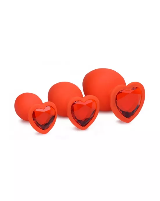 Red Hearts 3 Piece Silicone Anal Plugs Set With Gem Accents