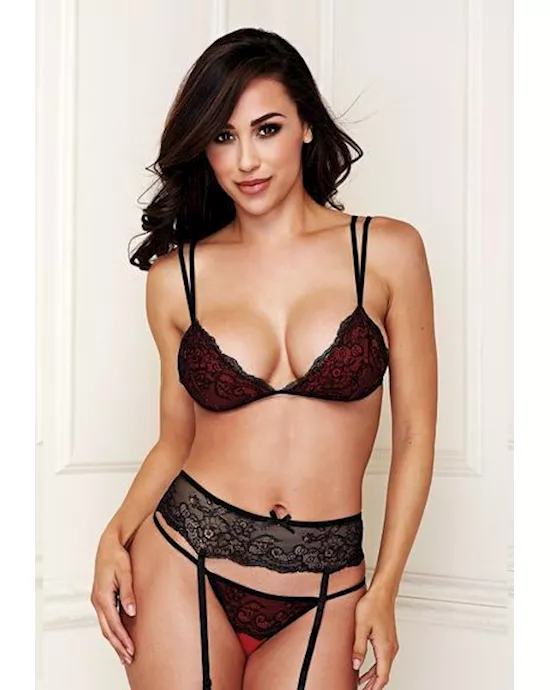 3 Piece Strappy Lace Bra Garter  Crotchless Thong Set
