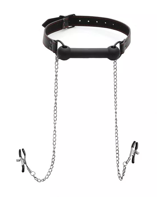 Strict Silicone Bit Gag With Nipple Clamps