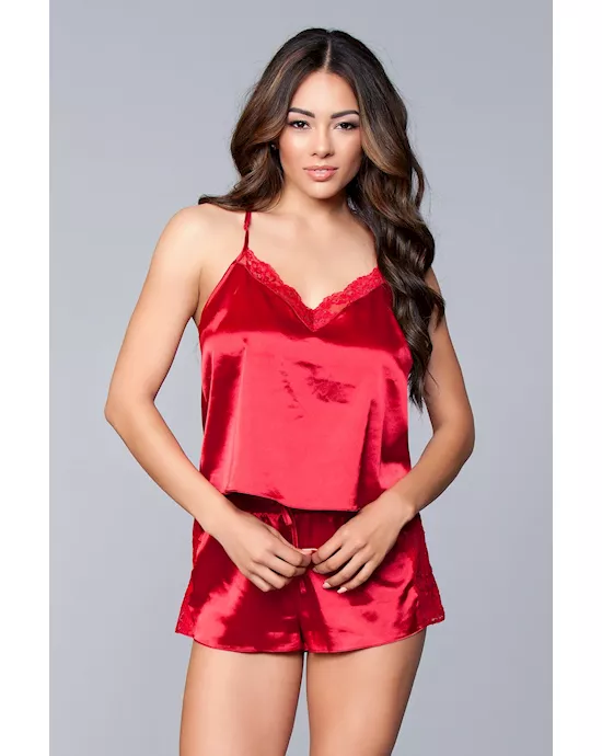 Two-Piece Relaxed Fit Satin Cami and Short Set - M