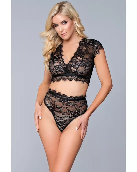 Two Piece Lace Eyelash Crop Bralette and High Waist Thong Set - XL