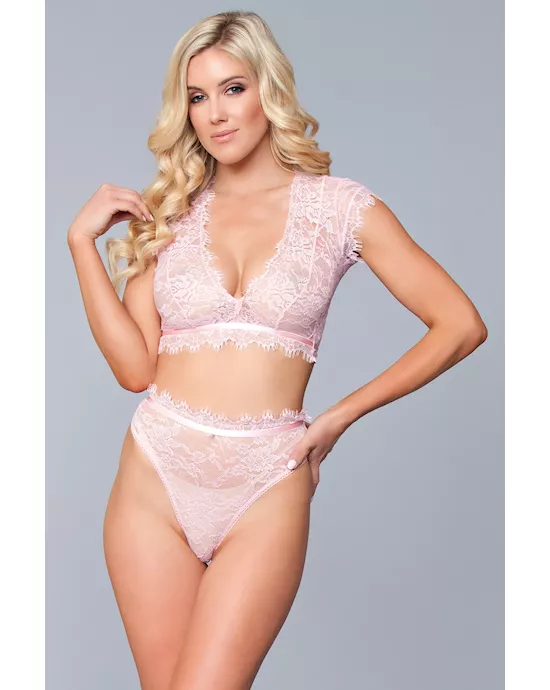 Two Piece Lace Eyelash Crop Bralette and High Waist Thong Set - M