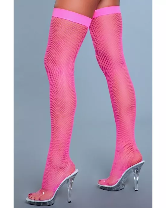 Nylon Fishnet Thigh Highs Neon
