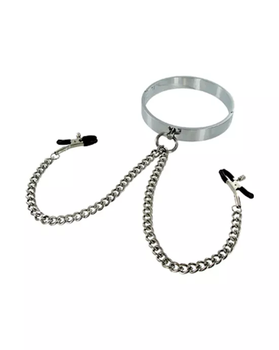 Chrome Slave Collar with Nipple Clamps Medium Large