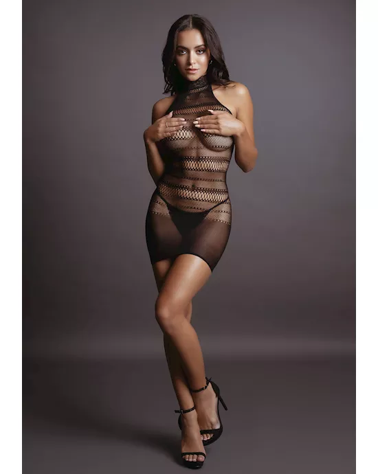 High Lace Neck Net Mini Dress 