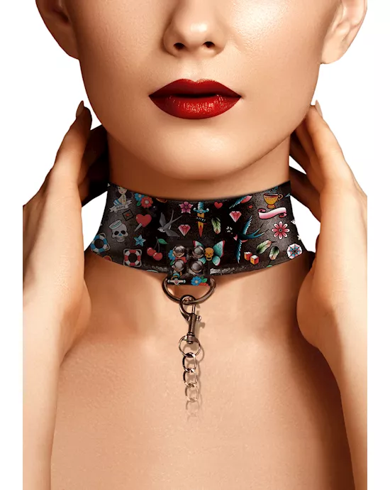 Printed Collar With Leash - Old School Tattoo Style