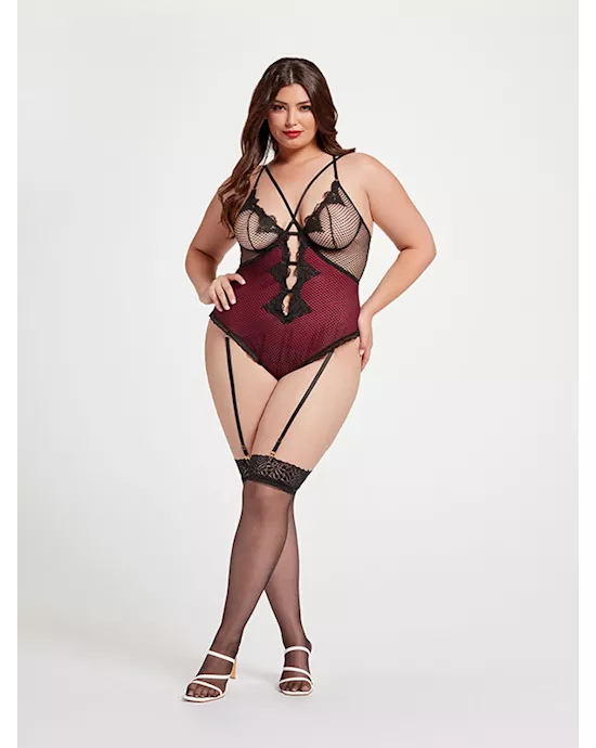 Nothing but Net Guipure Lace and Fishnet Teddy STM-11456X-Black/Wine-3X/4X