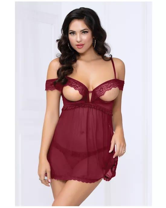Lace & Mesh Open Cups Babydoll w/Fly Away Back & Panty Wine LG