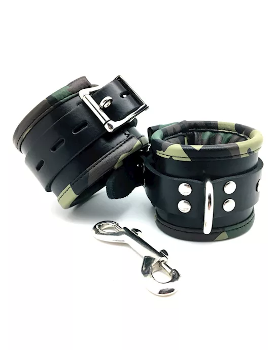 Sensual Sin Leather Padded Ankle Cuffs - Camo Piping