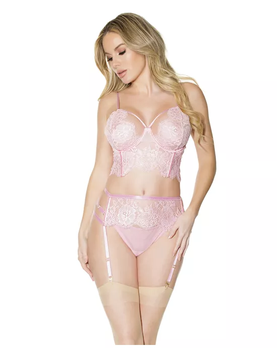 Crystal Pink Longline Bra, Garter Belt & Panty Pink LG