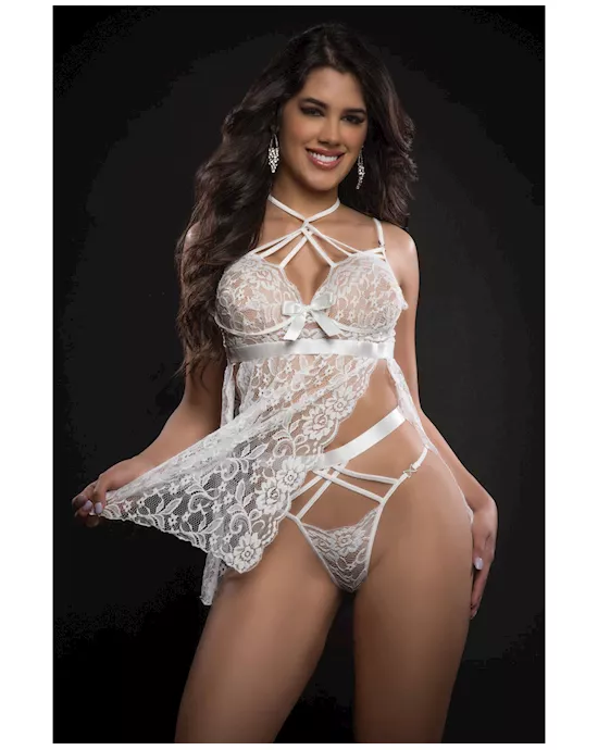 Lace Halter Babydoll w/High Waist Strappy Panty White O/S