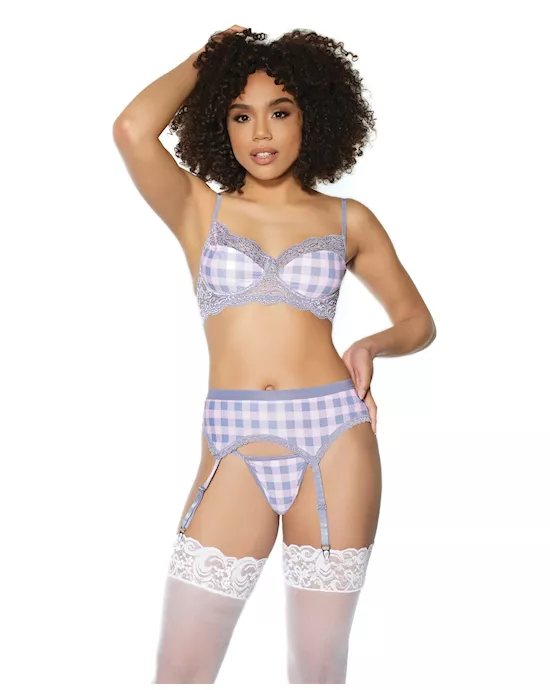Crystal Pink Buffalo Check Print, Bra, Garter Belt & String Grey/Pink MD
