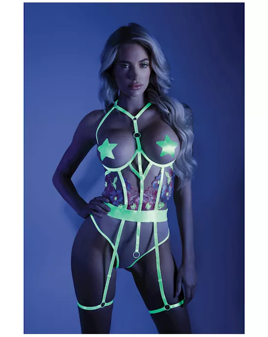 Glow Black Light Embroidered Cupless Garter Teddy (Pasties Not Included) Neon Chartreuse L/XL