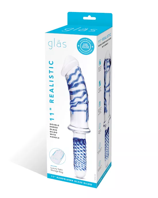 Glas 11" Realistic Double Ended Glass Dildo w/Handle - Blue