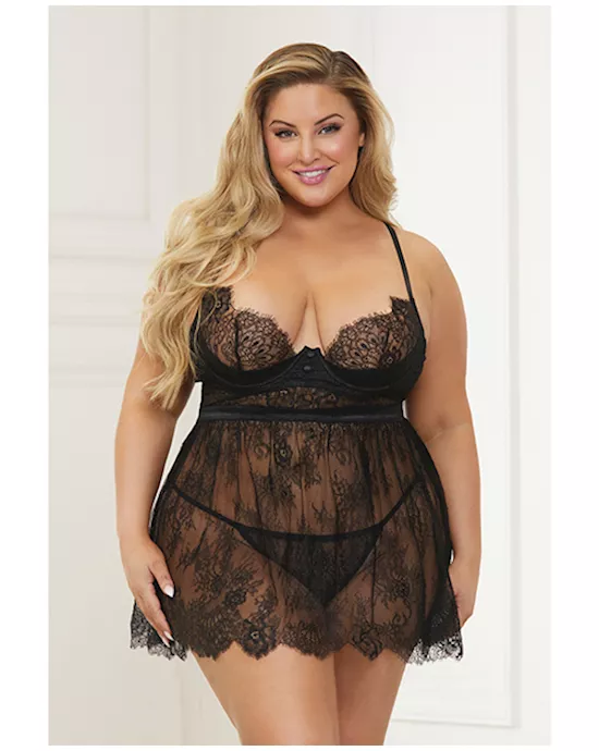 Lace & Satin Babydoll & Panty Black 1X/2X