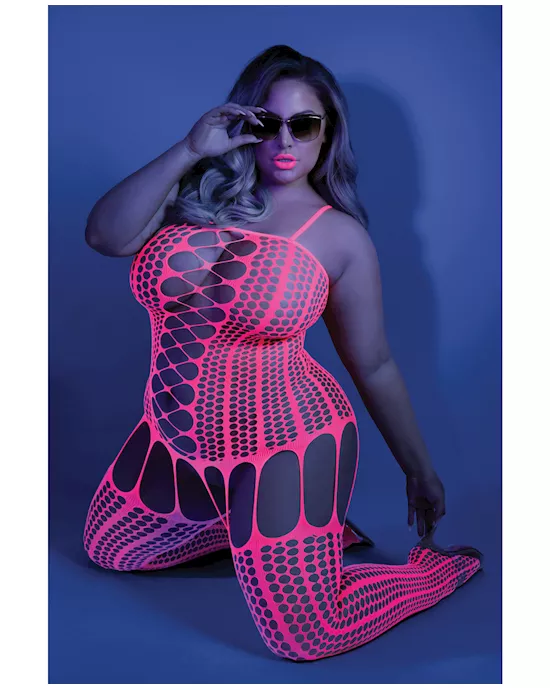Glow Black Light Criss Cross Paneled Bodystocking Neon Pink QN