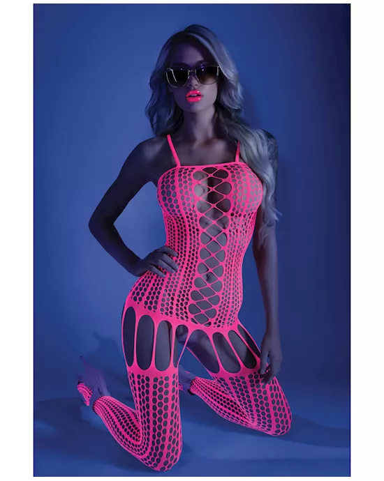 Glow Black Light Criss Cross Paneled Bodystocking Neon Pink O/S