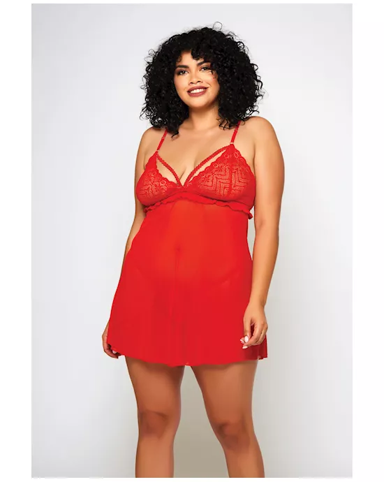Galloon Lace & Fine Mesh Babydoll & G-String Red 3X