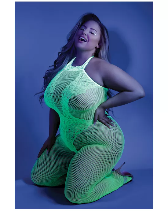 Glow Black Light Crotchless Bodystocking Neon Green QN