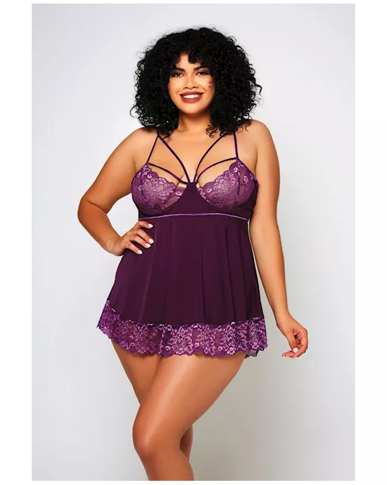 Cross Dye Lace & Microfiber Babydoll & G-String Purple 3X