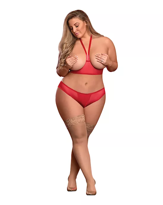 Risqu&eacute; Business Cupless Bra & Crotchless Panty Red QN