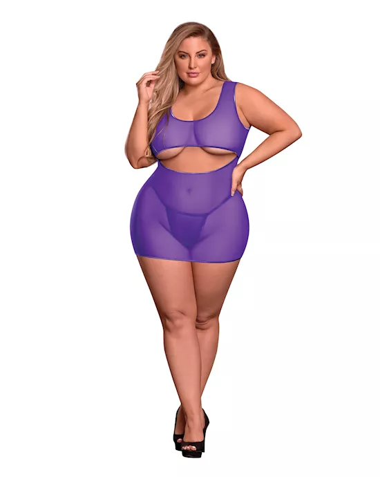 Sheer Mesh Underboob Dress & Crotchless G-String Purple QN