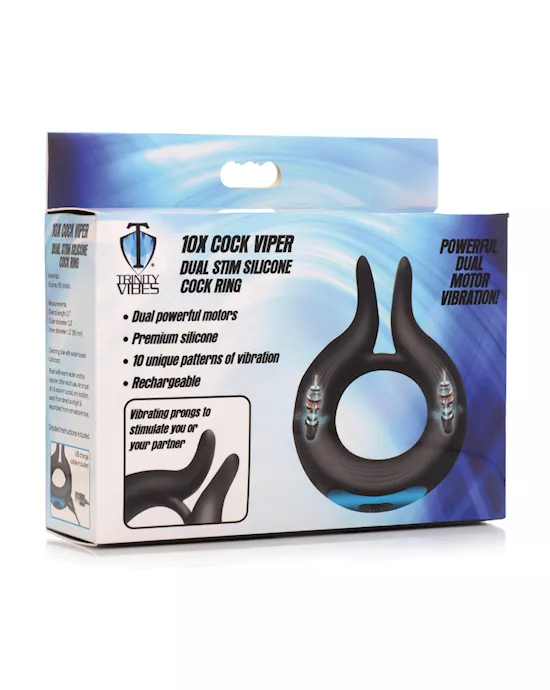 Trinity Men 10X Cock Viper Dual Stimulation Silicone Cock Ring - Black