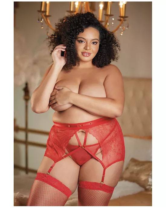 Allure High Waisted Lace Garter & G-String Red QN