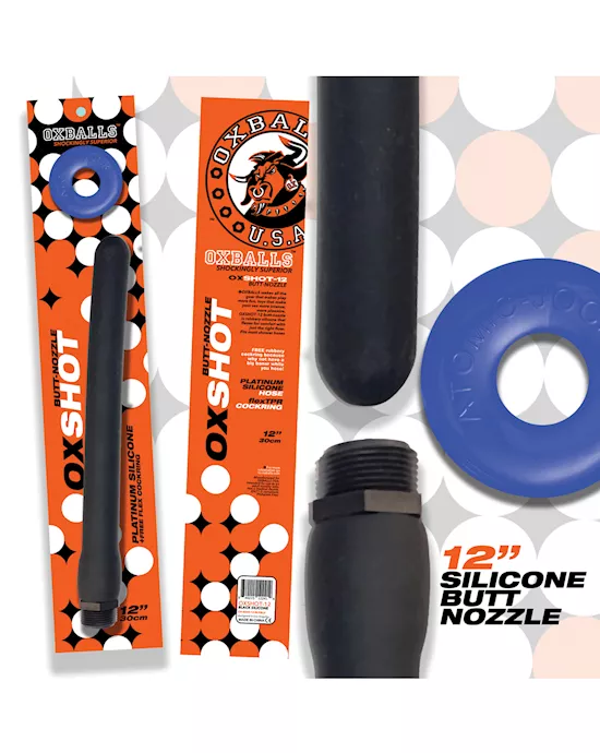 Oxballs Oxshot 12" Silicone Butt Nozzle w/Flex Cockring - Black/Blue