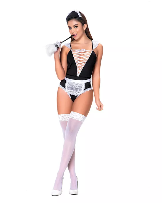 3 pc French Maid Bodysuit, Apron & Head Piece Black/White S/M