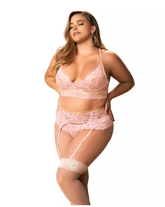 Lace Underwire Bra, Thong & Garterbelt w/Lace Up Detail Rose 1X/2X