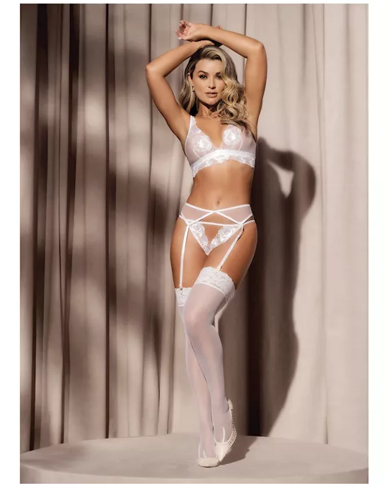 Floral Lace & Mesh Top, Garter Belt & Peek A Boo Panty White LG