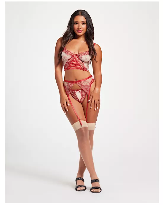 Sheer Stretch Mesh w/Floral Contrast Embroidery Bustier, Garter Belt & Thong Red/Nude XL