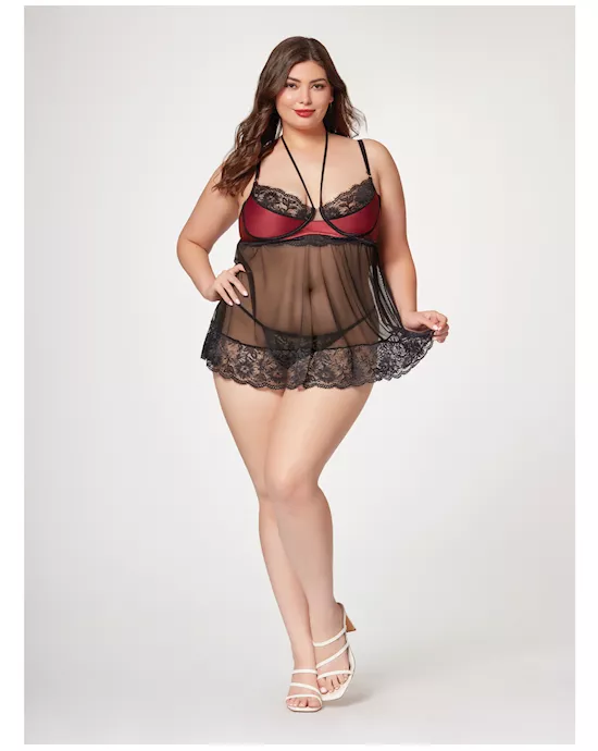 Satin & Lace Halter Demi Cup Babydoll & Thong Black/Wine 1X/2X