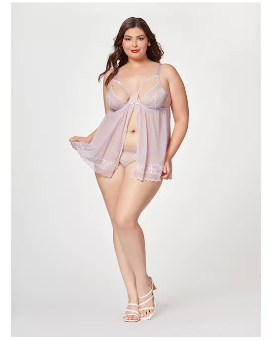 Sheer Mesh & Lace Demi Cup Babydoll & Thong Lavender 3X/4X