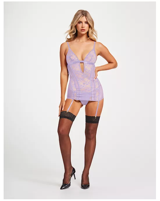 Lace & Mesh Triangle Cup Chemise W/garters & Thong Lavender Xl