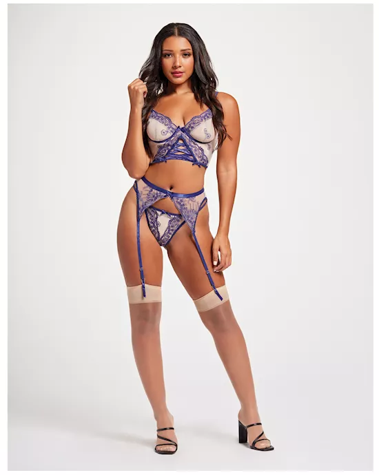 Sheer Stretch Mesh w/Floral Contrast Embroidery Bustier, Garter Belt & Thong Blue/Nude XL
