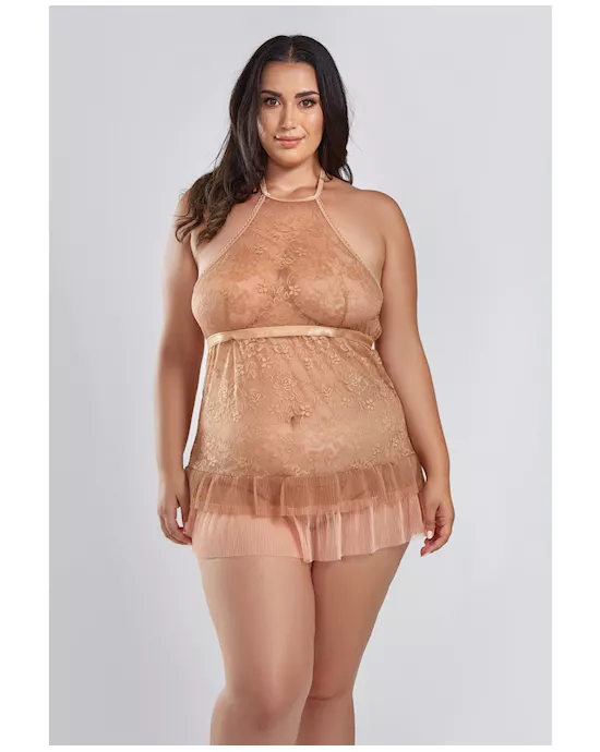 Amber Halter Lace Babydoll w/Tiered Pleated Mesh Skirt Hem & G-String Brown 1X