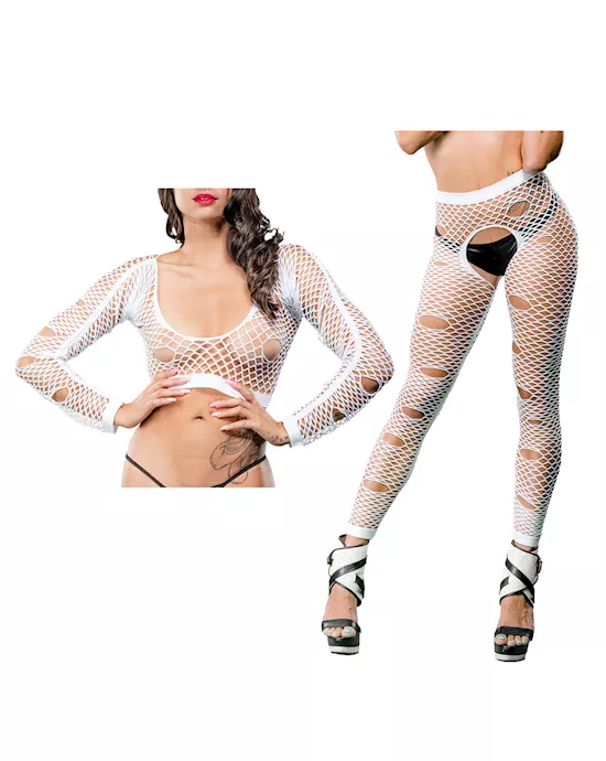 Beverly Hills Naughty Girl Crotchless Mixed Hole Leggings White O/S