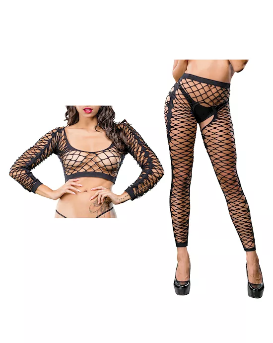 Beverly Hills Naughty Girl Crotchless Front Mesh & Side Design Leggings Black O/S