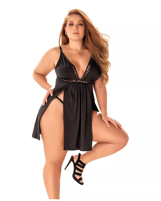 Stretch Babydoll w/Lace & G-String Black 2X/3X