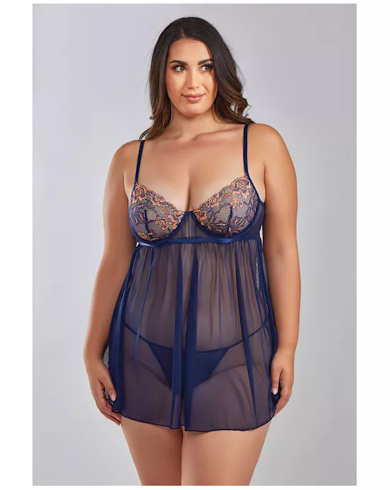 Jennie Cross Dyed Galloon Lace & Mesh Babydoll Navy 3X