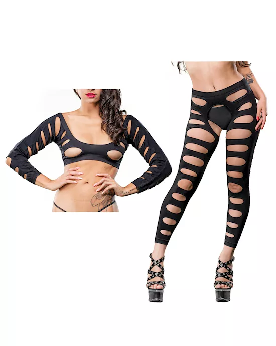 Beverly Hills Naughty Girl Crotchless Leggings w/Varigated Holes Black O/S