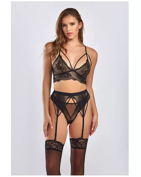 Everly Dot Mesh & Galloon Lace Strappy Bra, Garterbelt & Hipster Panty Black MD