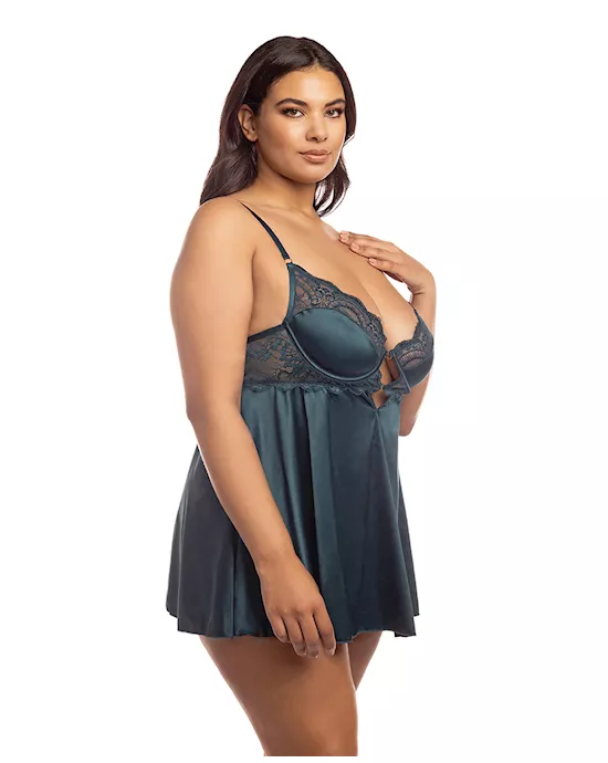 Diana Satin & Lace Babydoll w/Ring & Keyhole Detail Reflecting Pond 2X